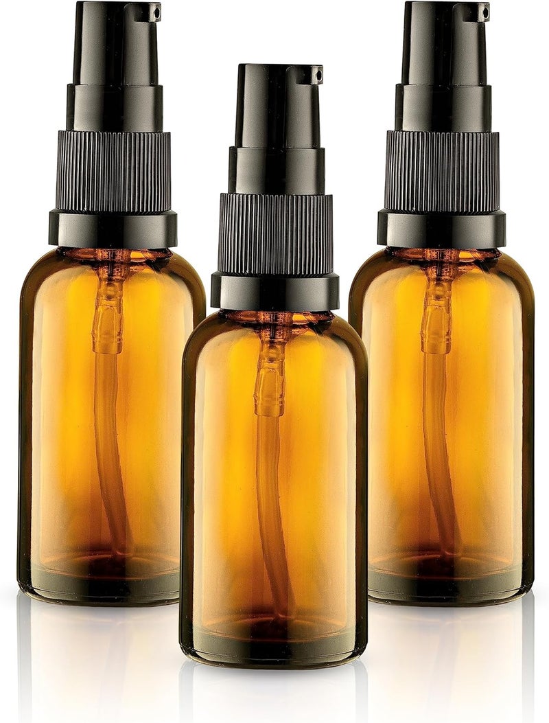 VitalUp 3 Pack Empty Refillable Glass Amber Pump Bottle Ideal for Lotion Cream Essential Oil Travel Small Container, 30ml - Image 1